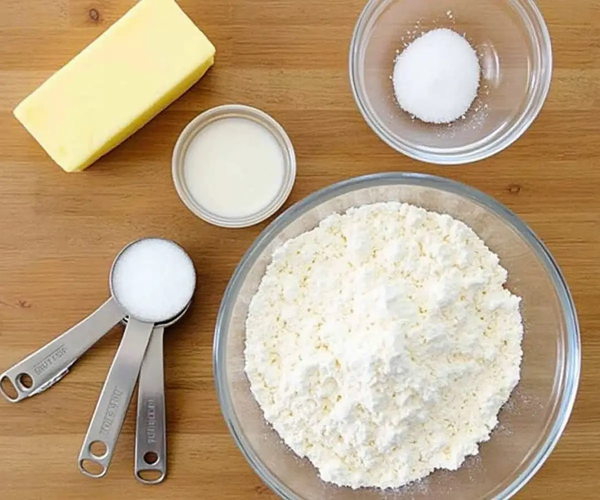 Ingredients for shortbread crust recipe: butter, flour, sugar, and salt on a wooden surface.