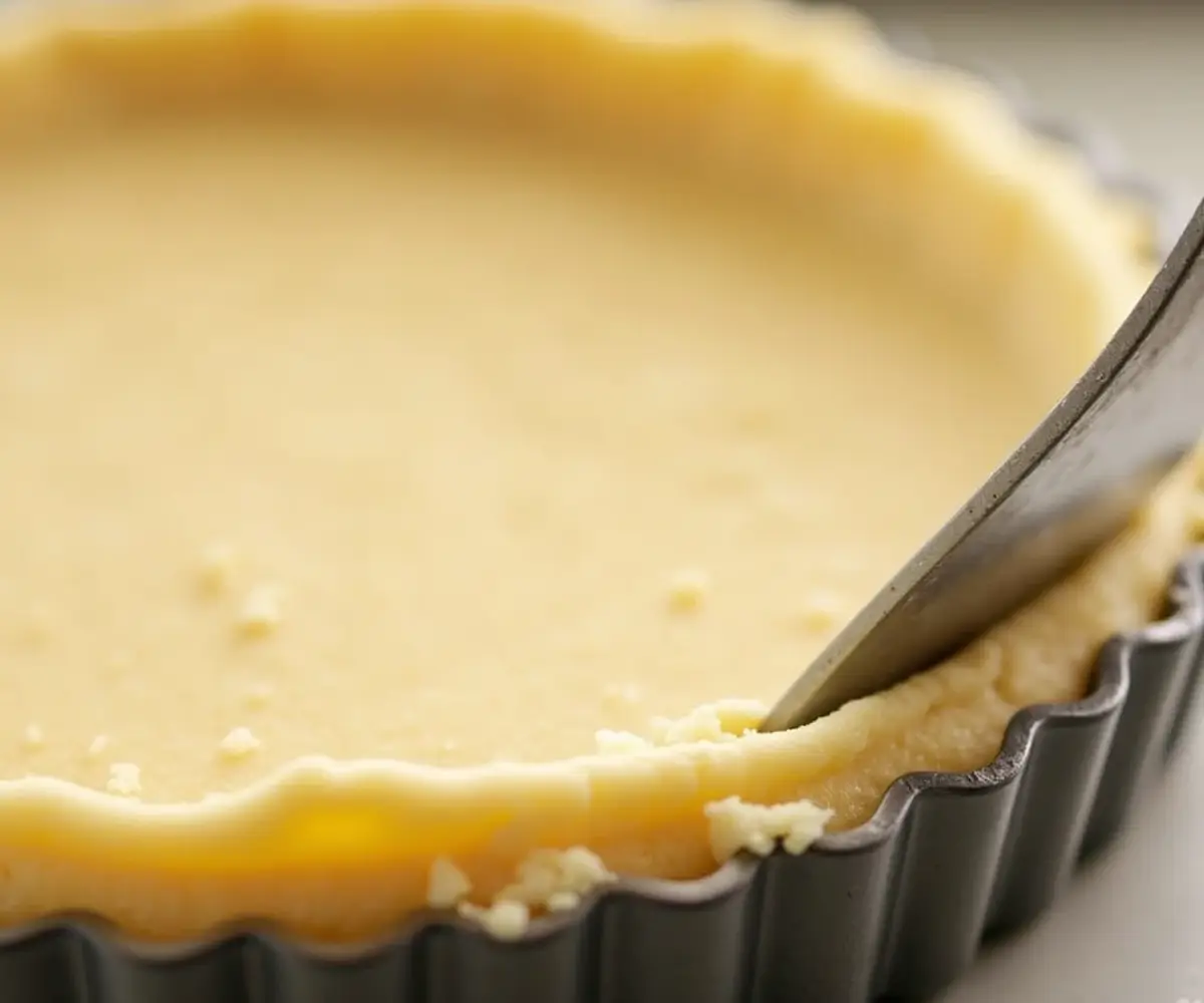 Close-up of a buttery shortbread crust recipe being pressed into a tart pan.