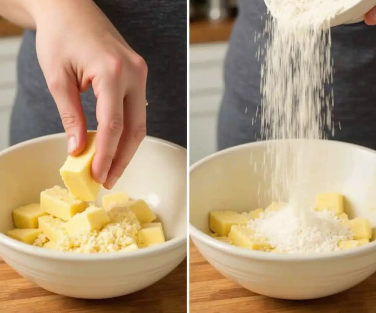 Making shortbread crust recipe: mixing butter and sugar with flour in a bowl.