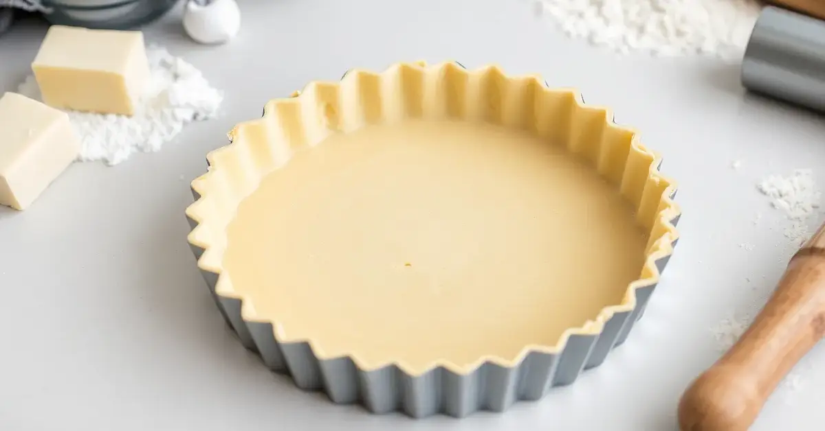 Golden-brown, freshly baked shortbread crust in a tart pan with visible flaky edges, surrounded by ingredients like butter, flour, and sugar.