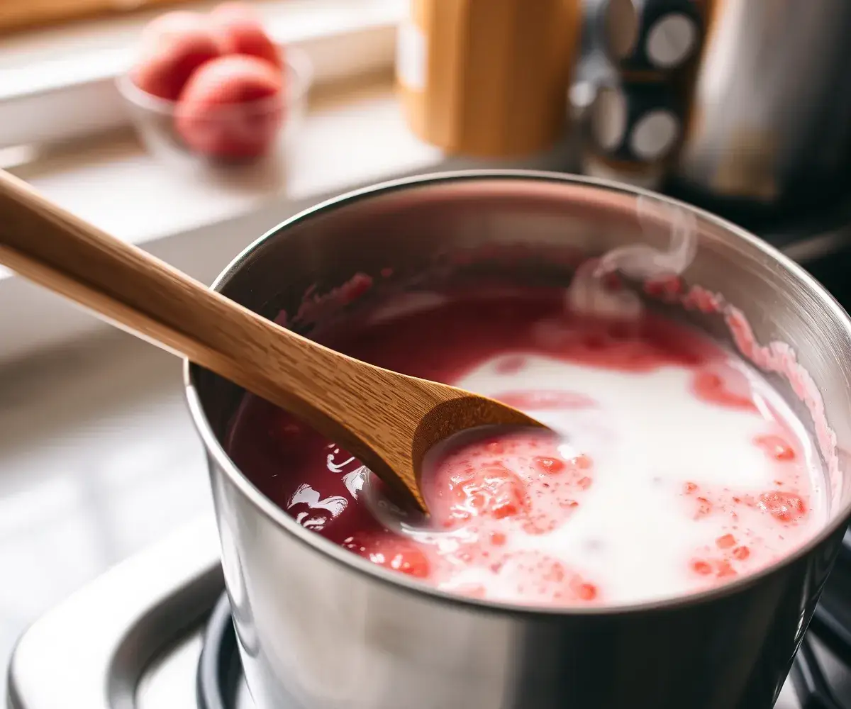 A saucepan with simmering strawberry pudding mixture being stirred, showing the cooking process in action.