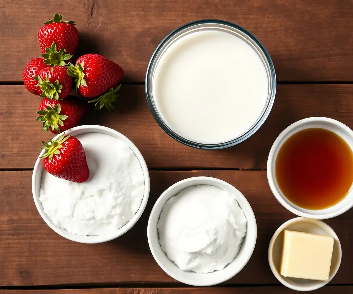 A top-down view of fresh ingredients for making strawberry pudding, including strawberries, milk, sugar, and cornstarch.