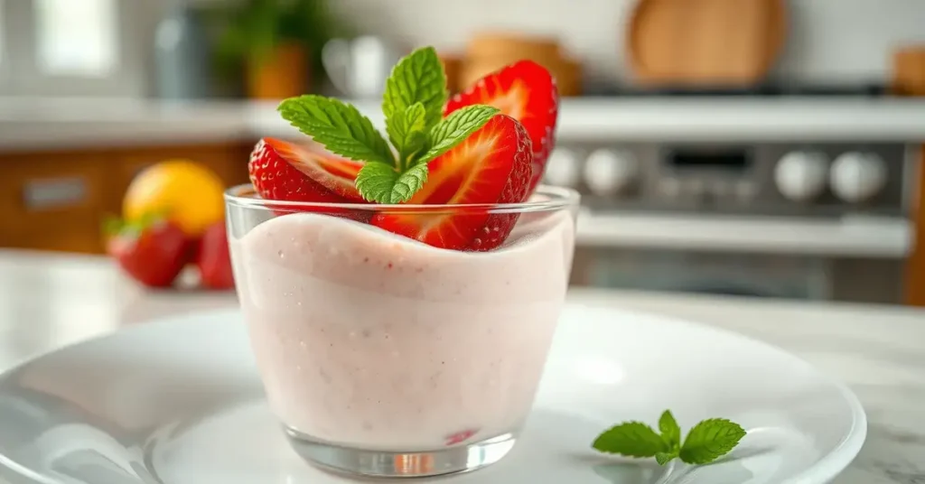 A creamy strawberry pudding served in a glass cup, topped with fresh strawberries and mint, with a soft-focus kitchen background.