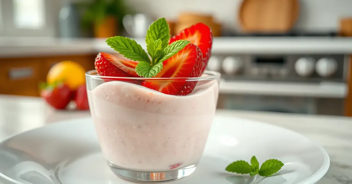 A creamy strawberry pudding served in a glass cup, topped with fresh strawberries and mint, with a soft-focus kitchen background.