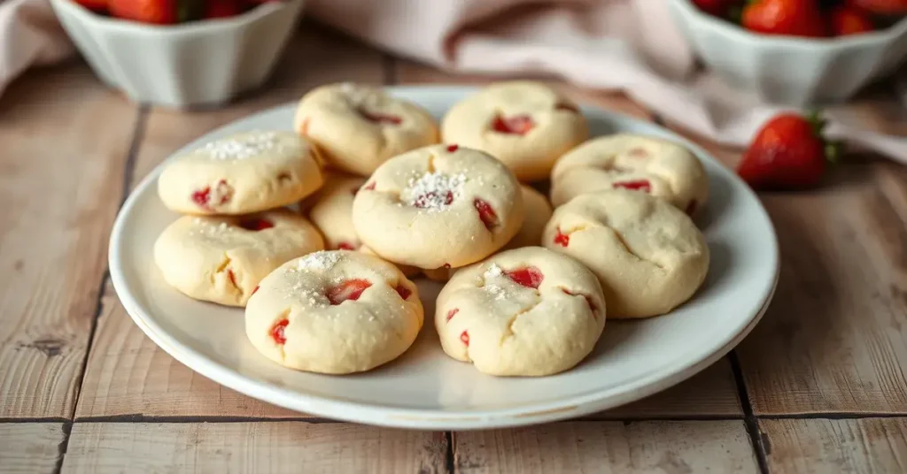 A plate of freshly baked strawberry shortbread cookies with bits of strawberry and light frosting on a rustic wooden table.