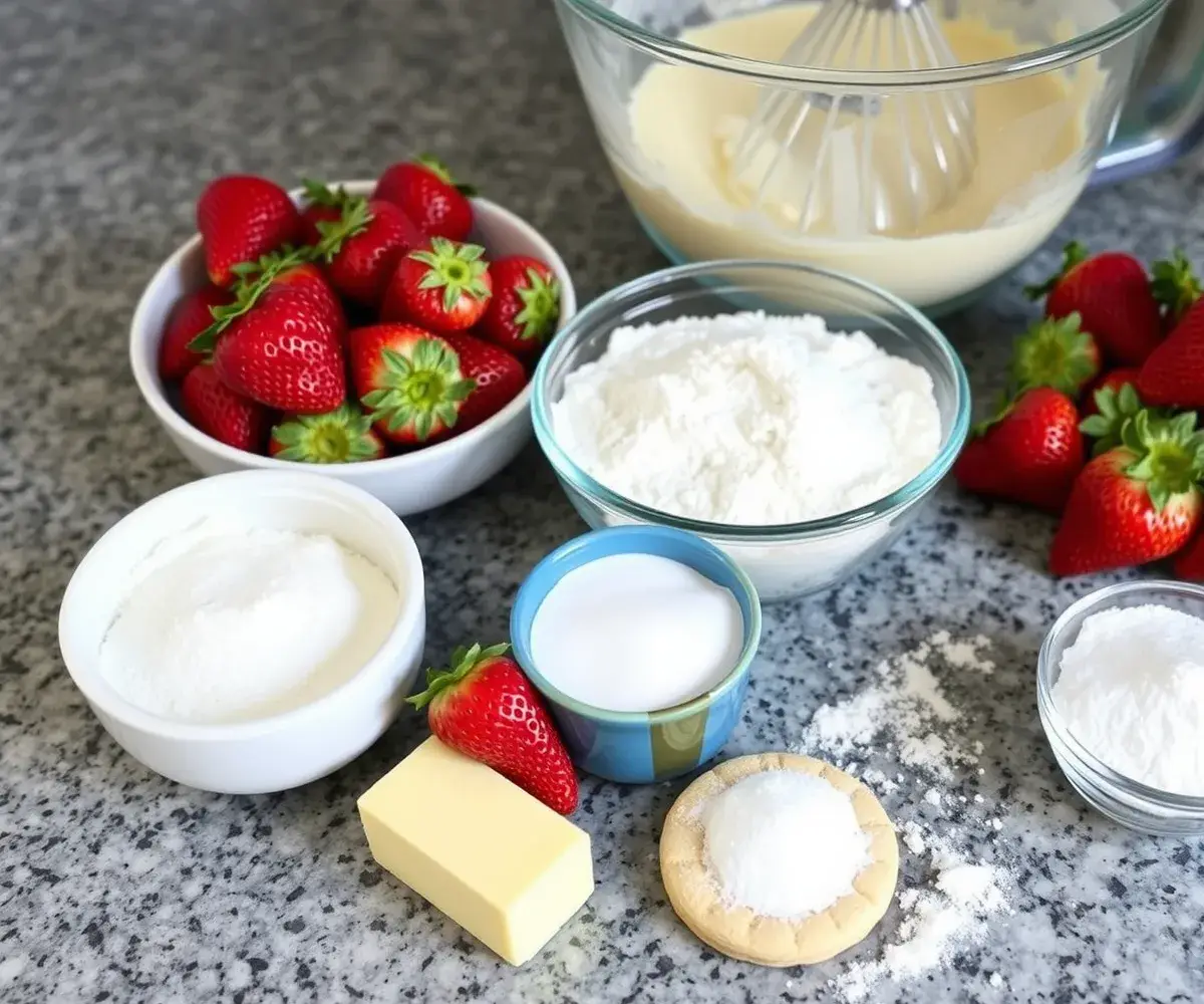 Ingredients for strawberry shortbread cookies laid out on a kitchen counter, including fresh strawberries, butter, flour, and sugar.