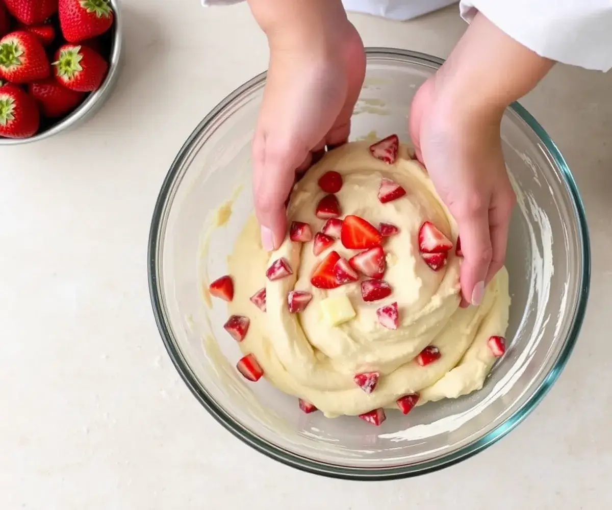 A baker’s hands mixing the dough for strawberry shortbread cookies with visible pieces of fresh strawberries.