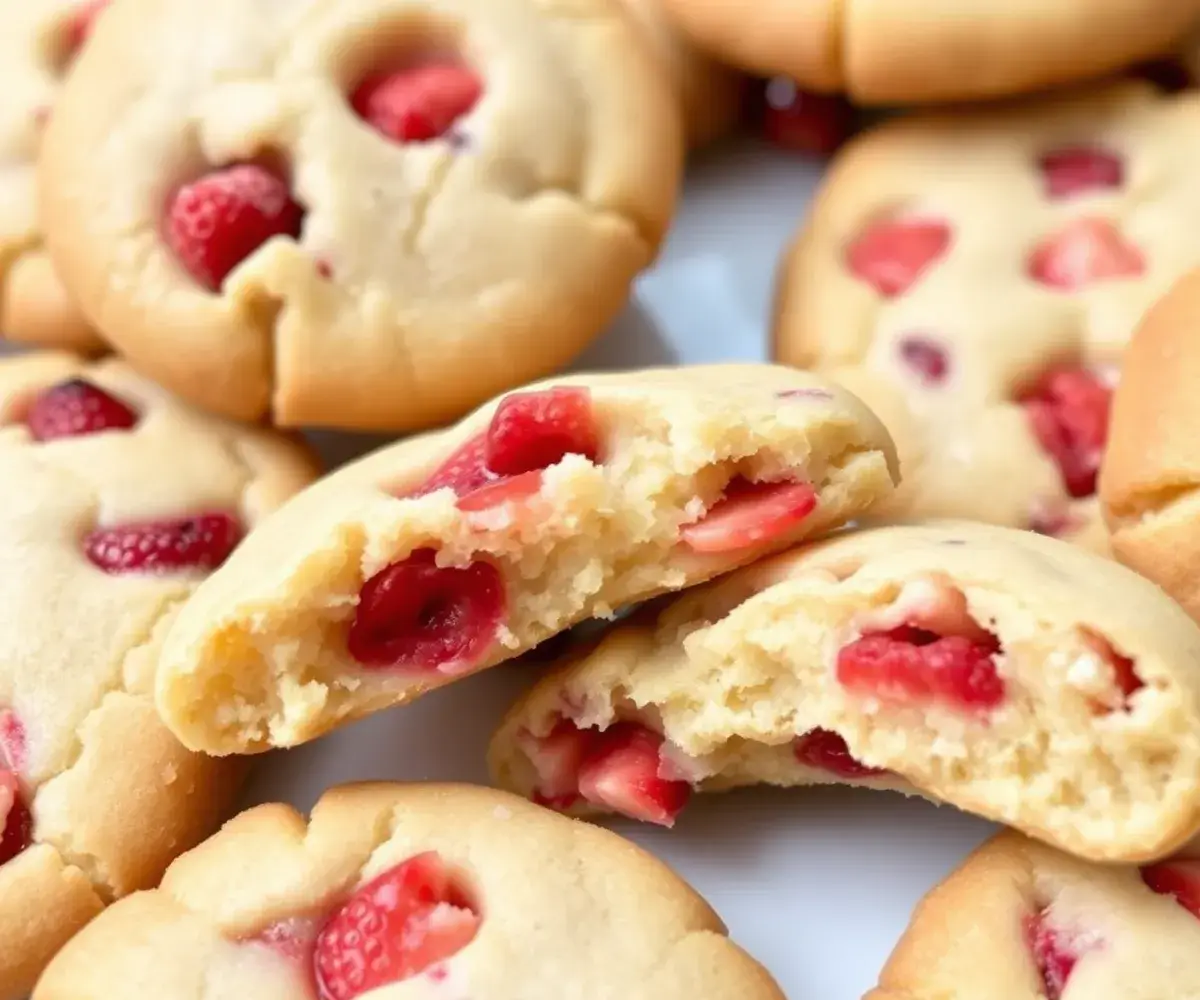 A close-up of strawberry shortbread cookies with golden edges and visible strawberry pieces, showing the soft, crumbly texture.