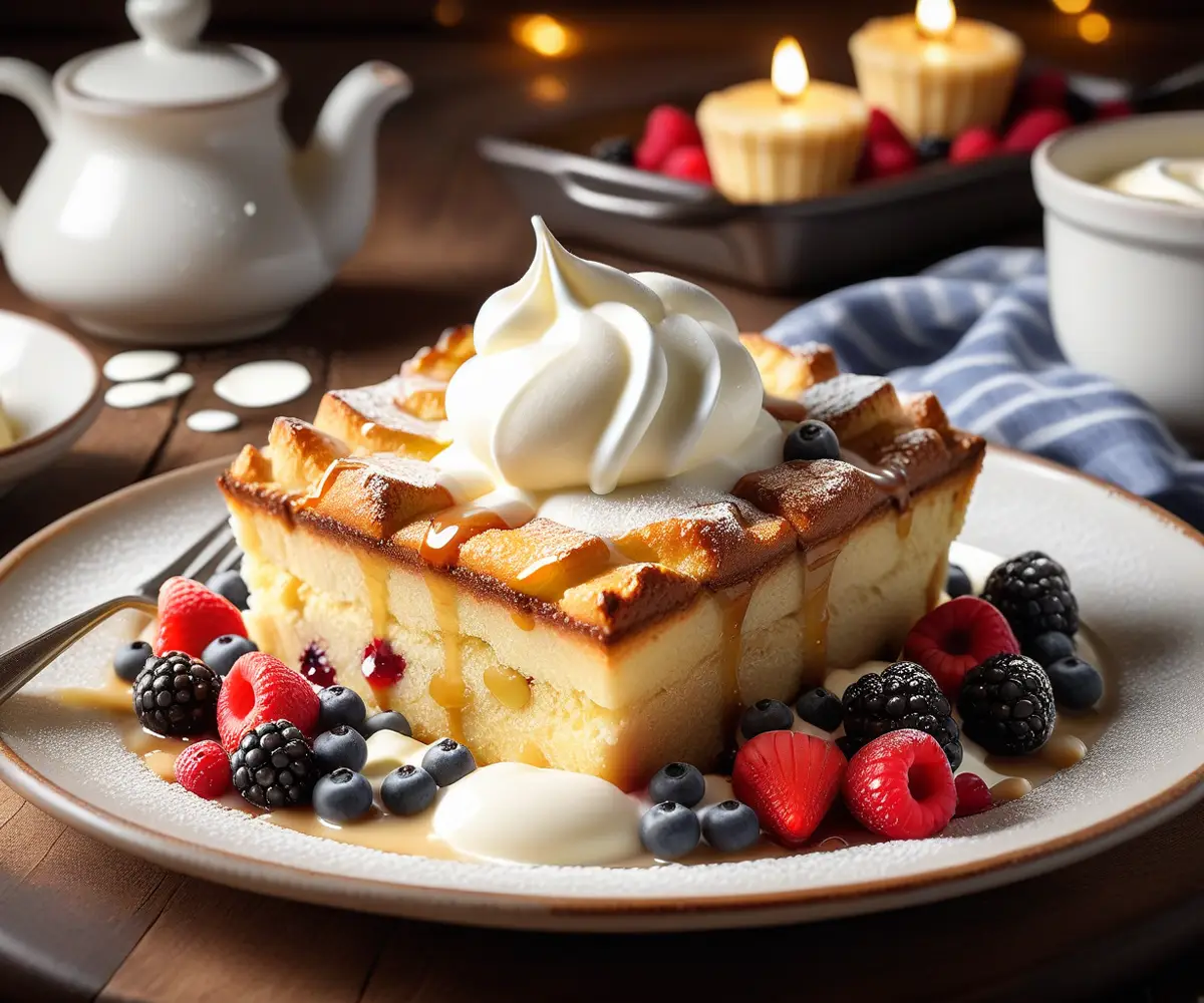 Delicious white chocolate bread pudding served with whipped cream and fresh berries, highlighting its golden brown crust and creamy inside.