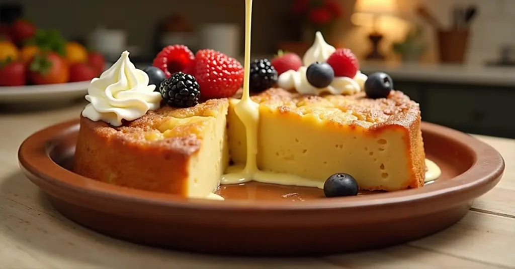 Delicious white chocolate bread pudding served with whipped cream and fresh berries, highlighting its golden brown crust and creamy inside.