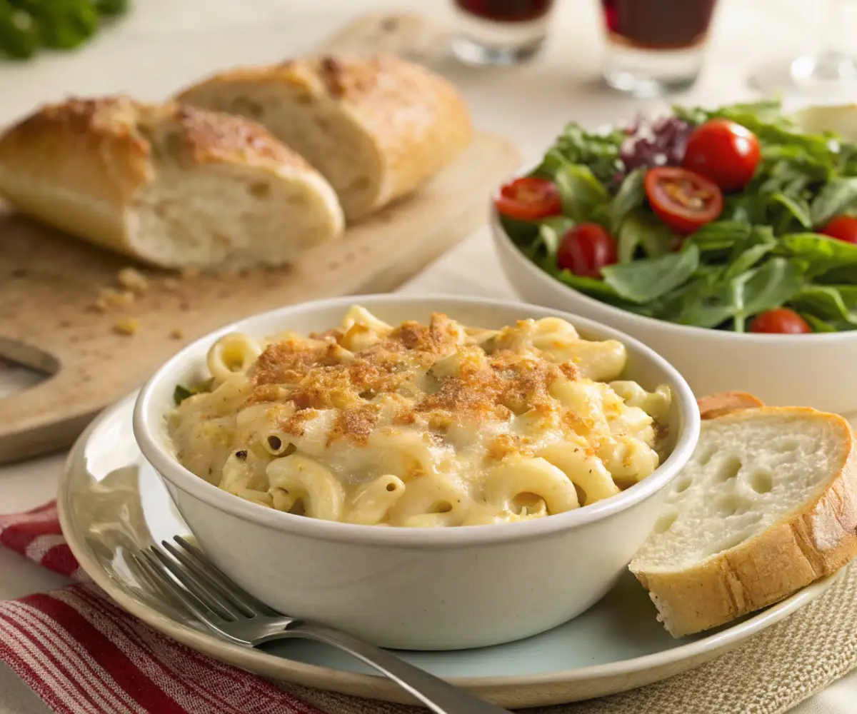 serving-suggestions-tinis-mac-and-cheese-recipe Tini’s Mac and Cheese Recipe served with a side salad and crusty bread for the perfect meal.