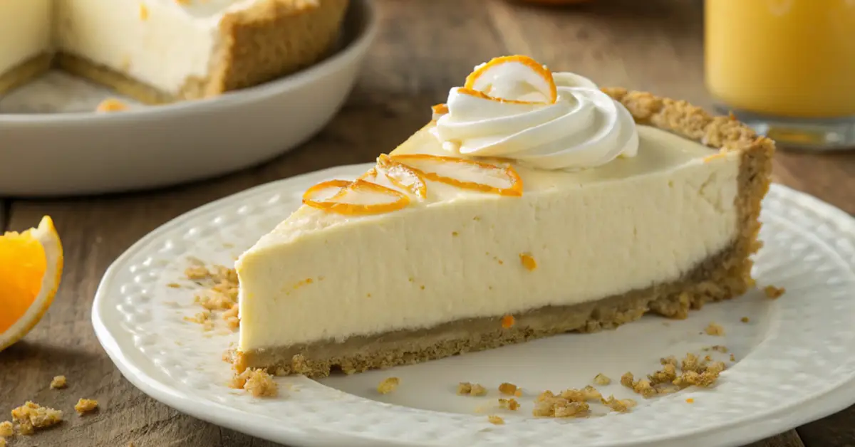 Orange Creamsicle Pie with whipped cream, fresh orange zest, and orange slices on a rustic table.