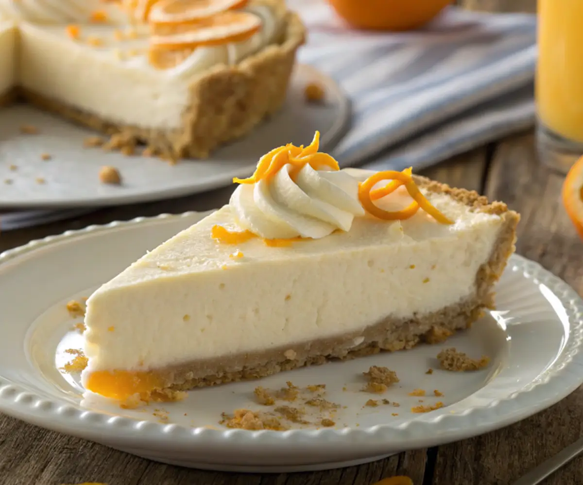 orange-creamsicle-pie Orange Creamsicle Pie with whipped cream, fresh orange zest, and orange slices on a rustic table.