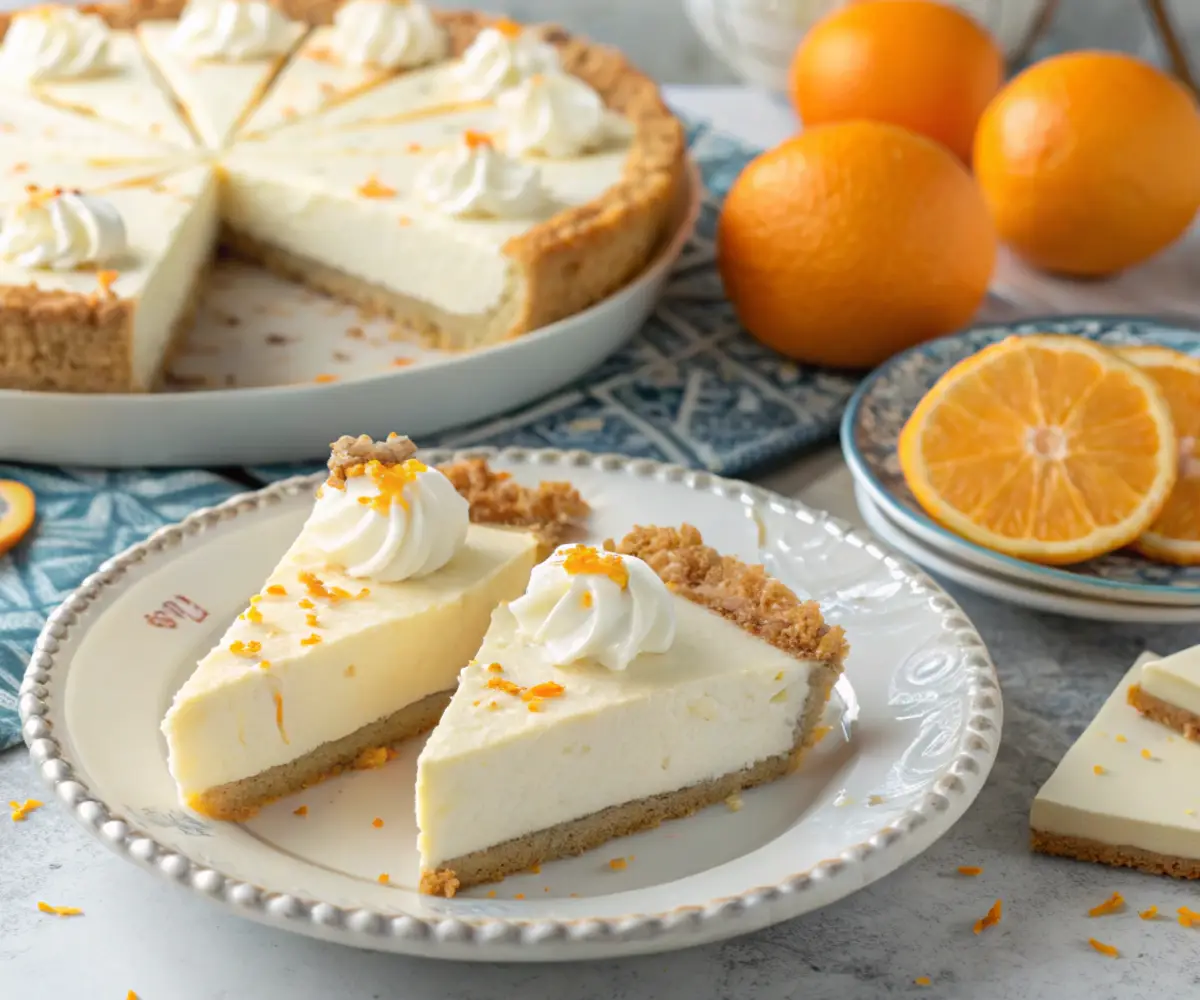 sliced-orange-creamsicle-pie-ready-to-serve Sliced Orange Creamsicle Pie with creamy filling, graham cracker crust, and orange zest.