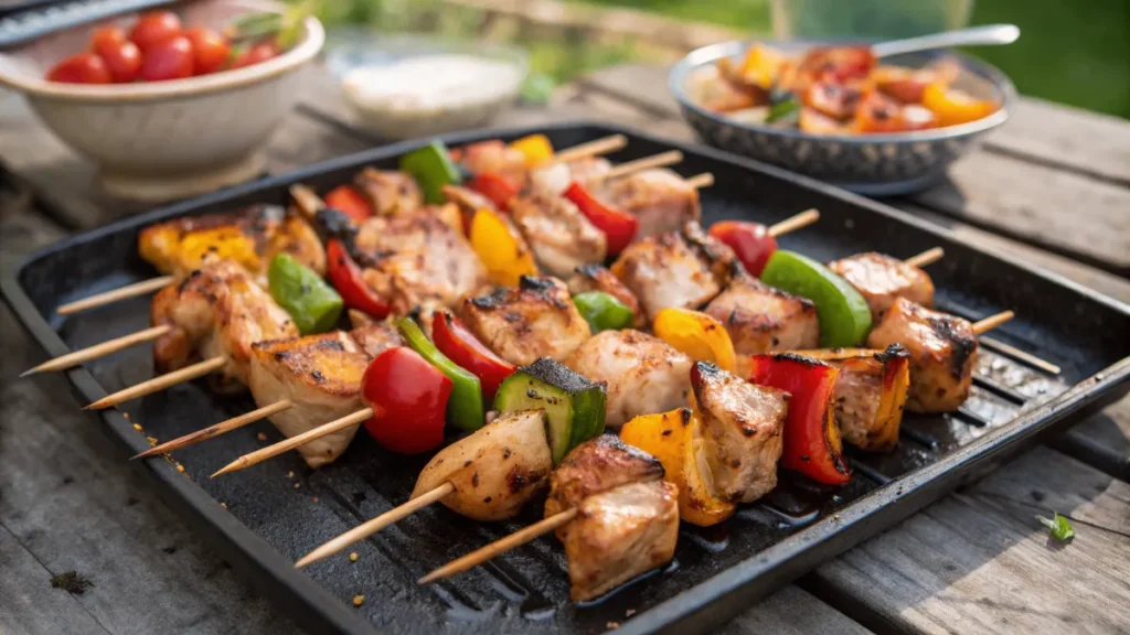Brochetas de pollo a la barbacoa recién asadas con vegetales a la parrilla