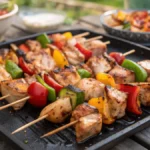 Brochetas de pollo a la barbacoa recién asadas con vegetales a la parrilla