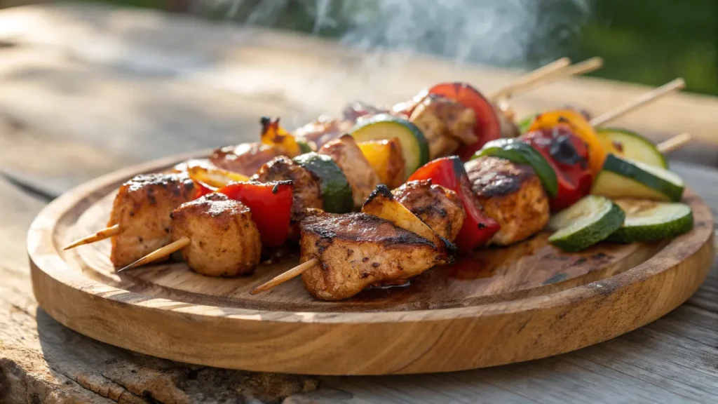 Brochetas de pollo a la barbacoa recién asadas con vegetales a la parrilla