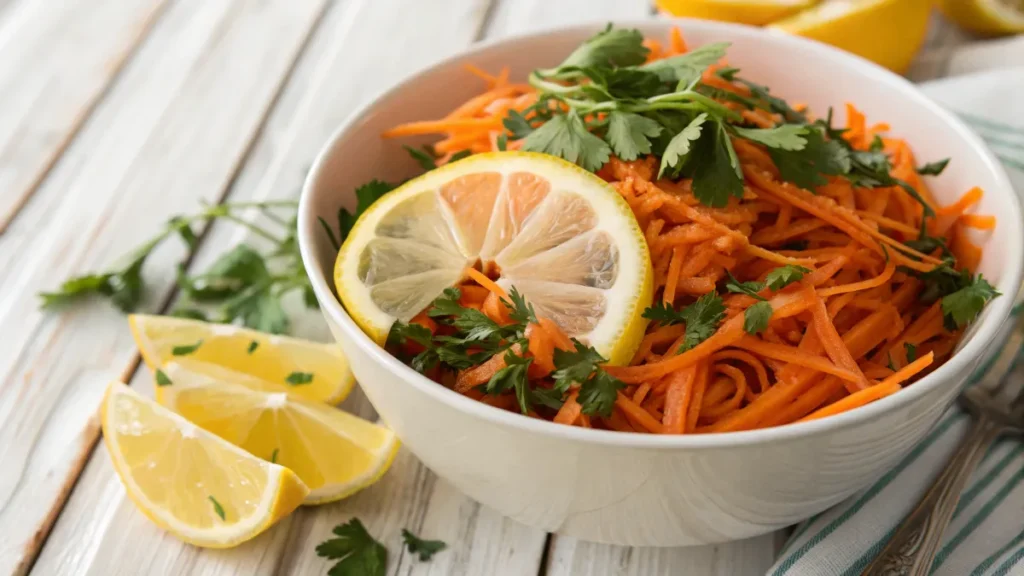 Ensalada de zanahoria receta casera en un tazón blanco, con zanahorias ralladas, aderezo cremoso y perejil fresco como decoración