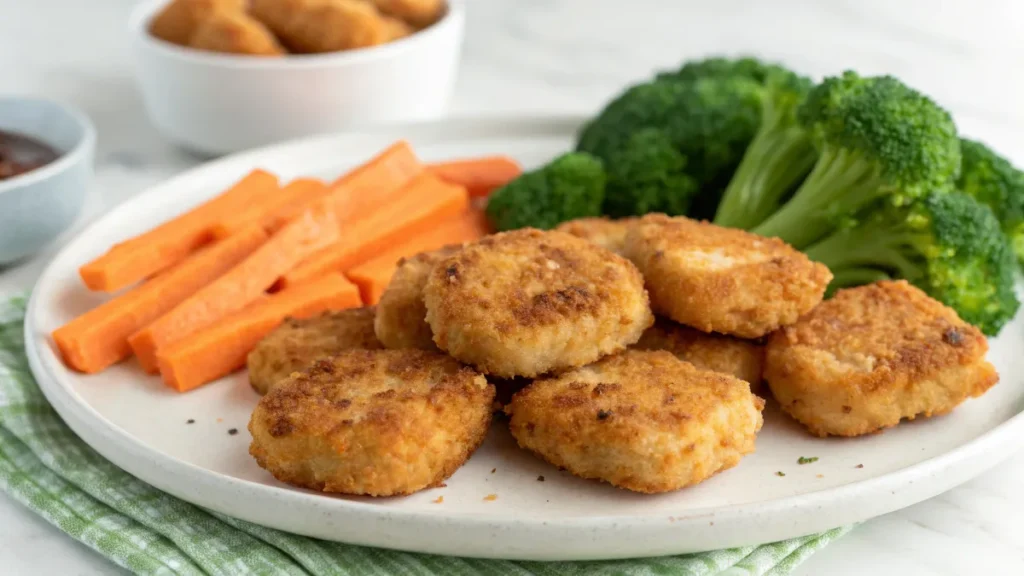 Nuggets de pollo saludables caseros servidos con ensalada y salsa natural