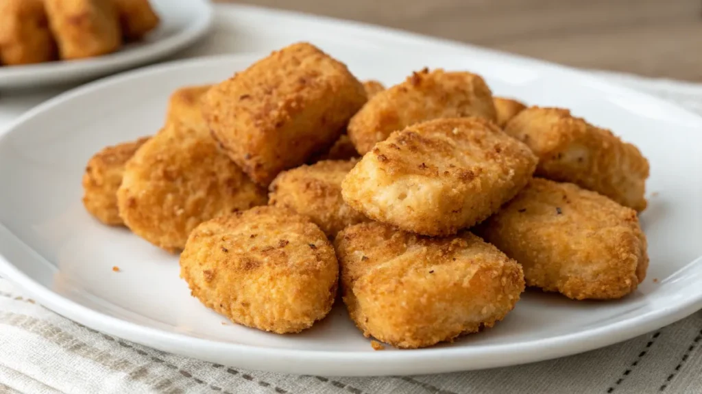 Nuggets de pollo saludables caseros servidos con ensalada y salsa natural