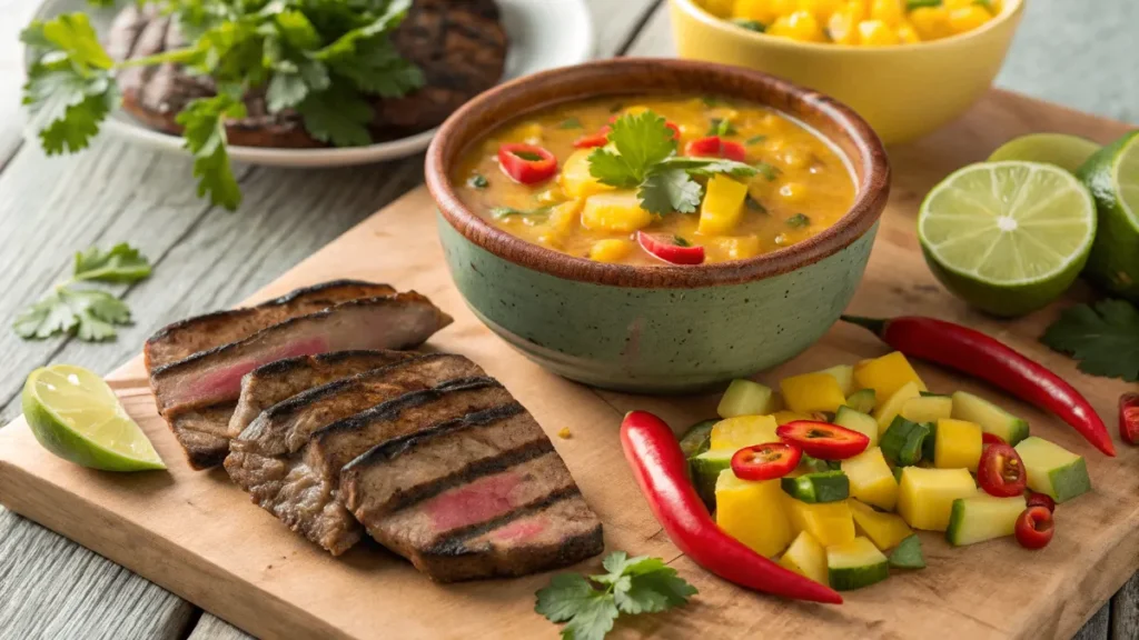 Salsa de Mango para Carnes servida con carne a la parrilla, cilantro y limón fresco.