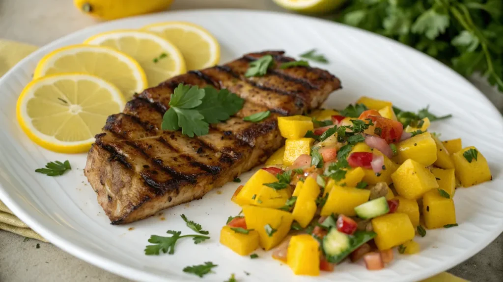 Salsa de Mango para Carnes servida con carne a la parrilla, cilantro y limón fresco.