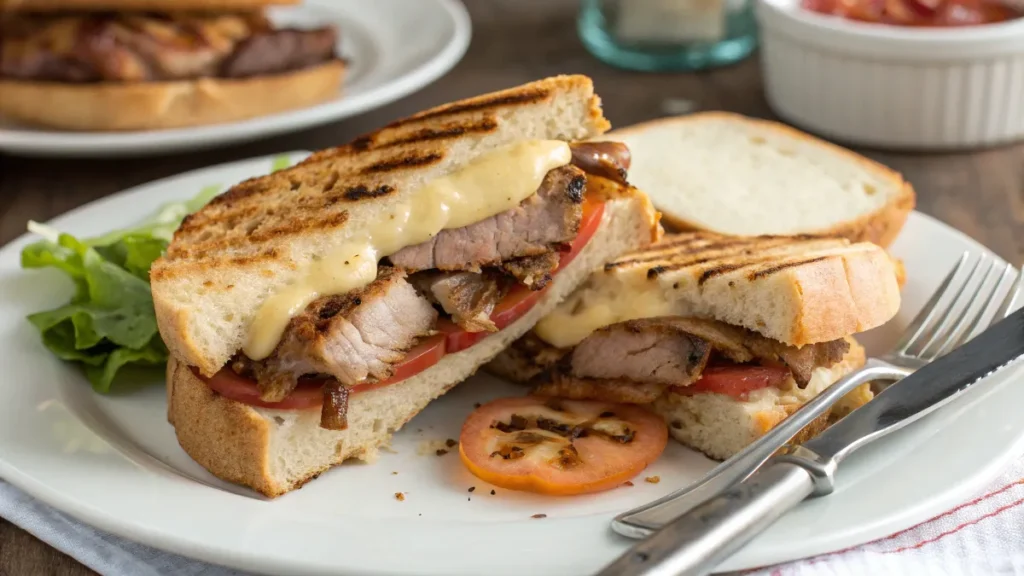 Primer plano de un sándwich de carne con queso casero, con queso derretido y pan dorado, servido sobre una mesa rústica.