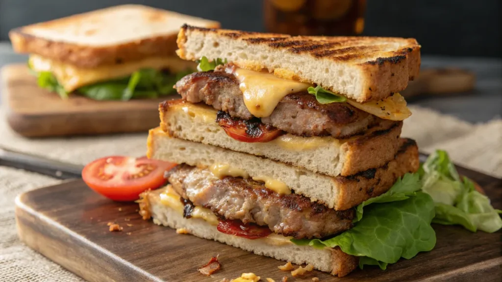 Primer plano de un sándwich de carne con queso casero, con queso derretido y pan dorado, servido sobre una mesa rústica.