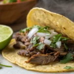 Tacos de falda de res en tortillas de maíz con cebolla, cilantro y salsa, servidos en mesa de madera rústica
