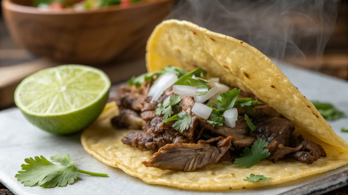 Tacos de falda de res en tortillas de maíz con cebolla, cilantro y salsa, servidos en mesa de madera rústica