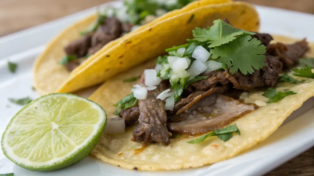 Tacos de falda de res en tortillas de maíz con cebolla, cilantro y salsa, servidos en mesa de madera rústica