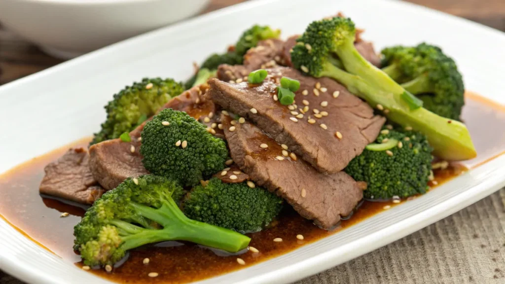 Plato de ternera con brócoli estilo chino con tiras de carne jugosa y brócoli verde brillante en salsa oscura servido en plato blanco