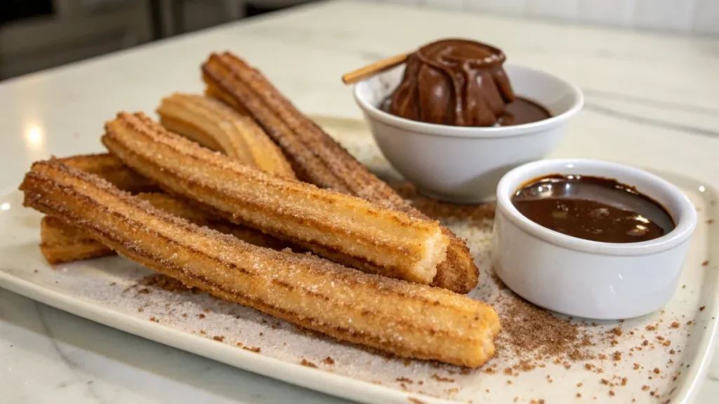Churros caseros crujientes espolvoreados con azúcar y canela, servidos con chocolate caliente