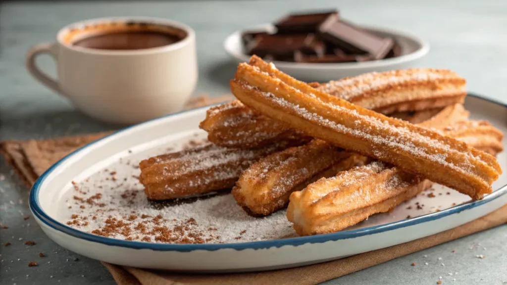 Churros caseros crujientes espolvoreados con azúcar y canela, servidos con chocolate caliente