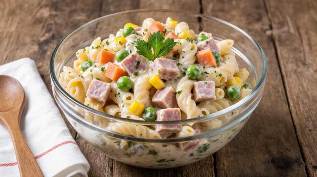 Receta de ensalada fría con pasta, jamón, zanahoria, elote y chícharos en un tazón de vidrio sobre una mesa rústica