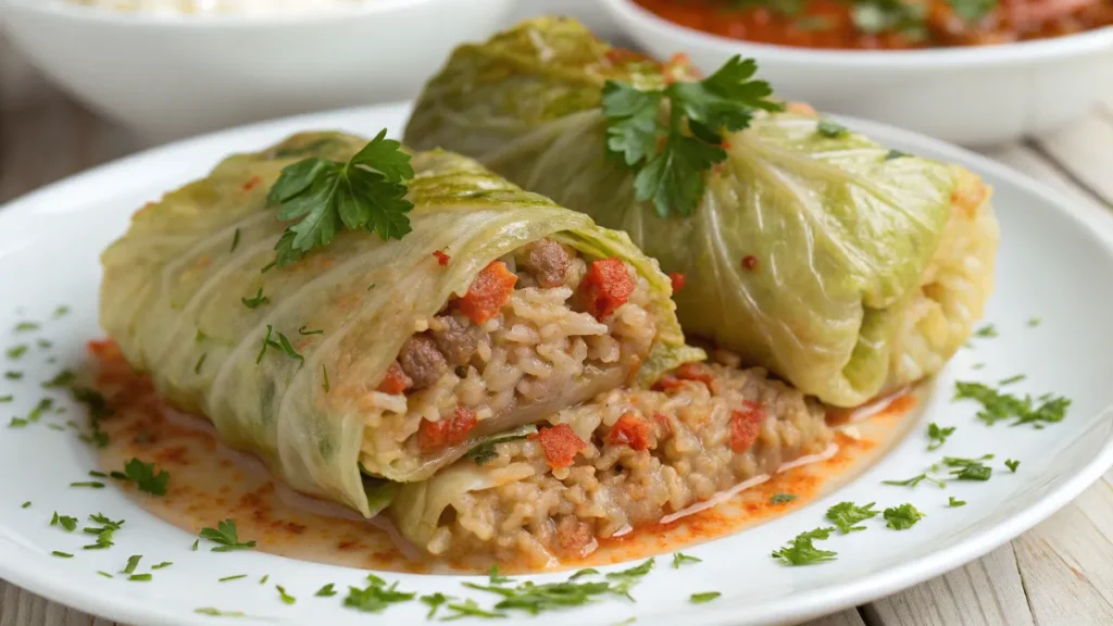 Plato tradicional de Repollo Relleno Turco (Lahana Dolması) servido con salsa de tomate y limón