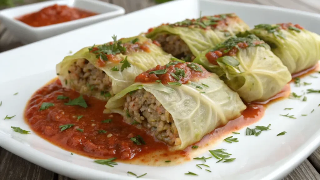 Plato tradicional de Repollo Relleno Turco (Lahana Dolması) servido con salsa de tomate y limón