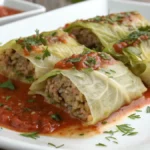 Plato tradicional de Repollo Relleno Turco (Lahana Dolması) servido con salsa de tomate y limón