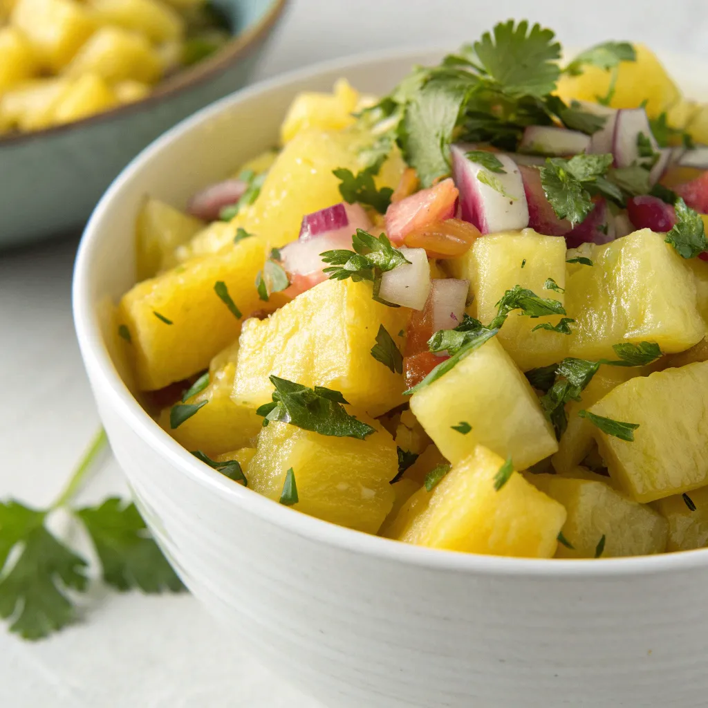 Salsa de piña casera fresca con piña, cilantro, cebolla y chile jalapeño