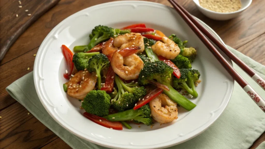 Salteado de camarones con brócoli fresco en plato blanco, receta rica en proteínas