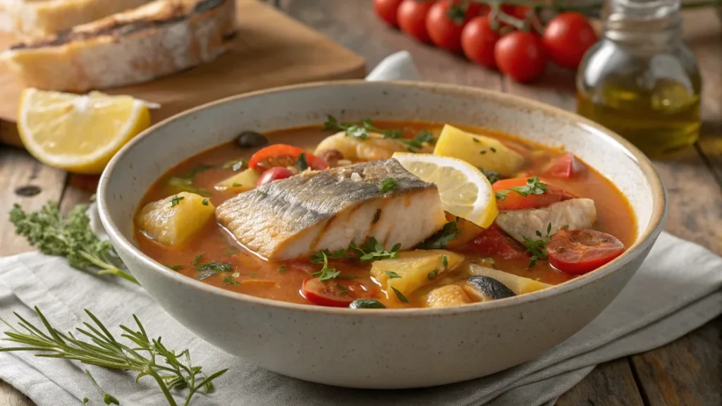 Bourride provençale au poisson servie avec croûtons à l’ail et aïoli maison