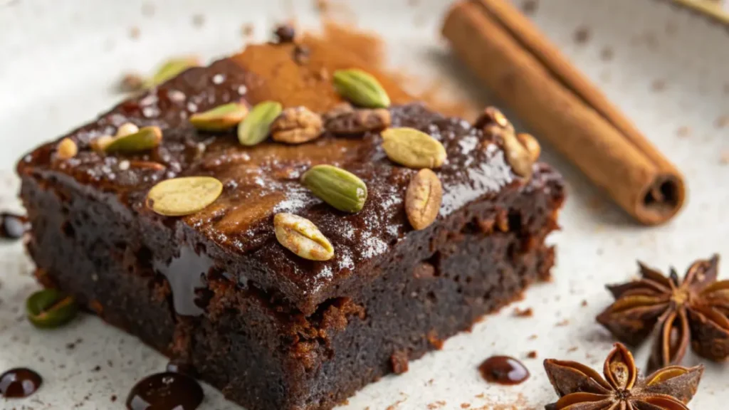 Carrés de Brownie du Moyen-Orient au chocolat, garnis de pistaches et de dattes, présentés sur une assiette avec un fond lumineux