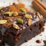 Carrés de Brownie du Moyen-Orient au chocolat, garnis de pistaches et de dattes, présentés sur une assiette avec un fond lumineux