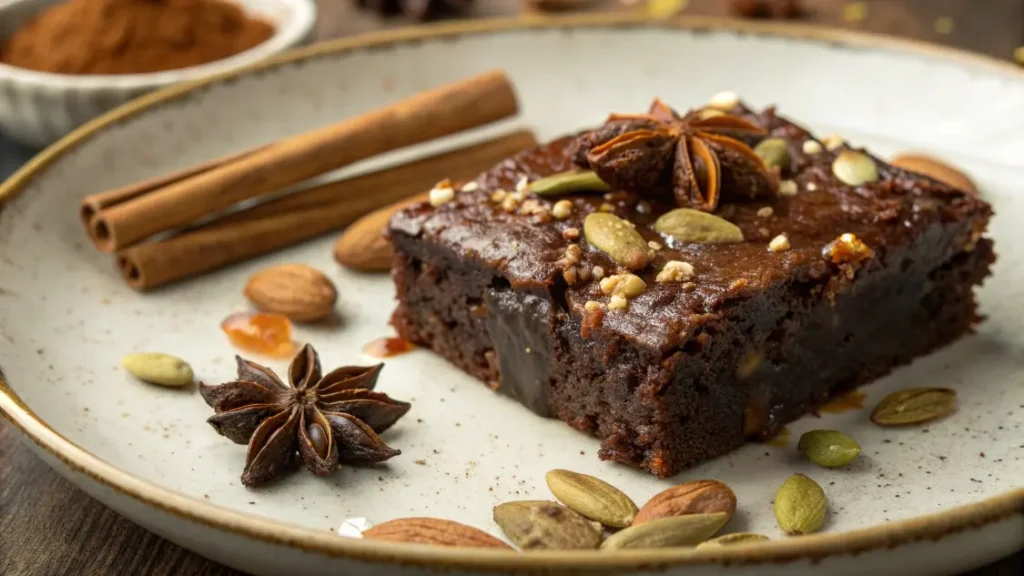 Carrés de Brownie du Moyen-Orient au chocolat, garnis de pistaches et de dattes, présentés sur une assiette avec un fond lumineux