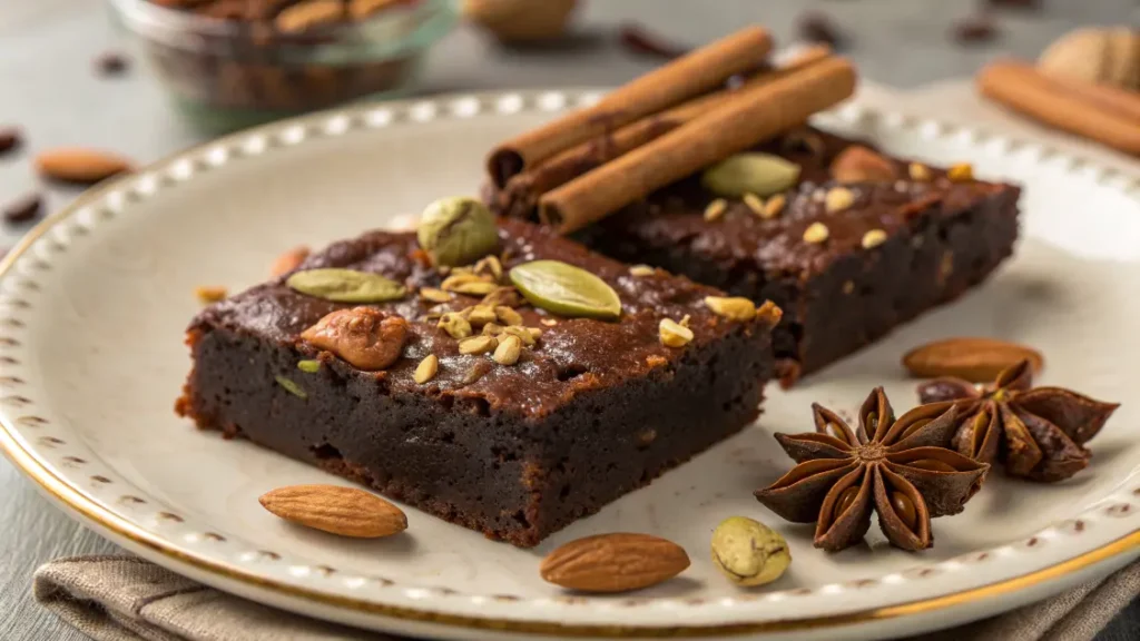 Carrés de Brownie du Moyen-Orient au chocolat, garnis de pistaches et de dattes, présentés sur une assiette avec un fond lumineux