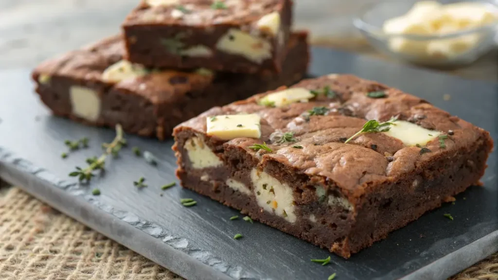Carrés de brownie salé original et gourmand, moelleux et garnis de fromage et herbes fraîches, présentés sur une table rustique.