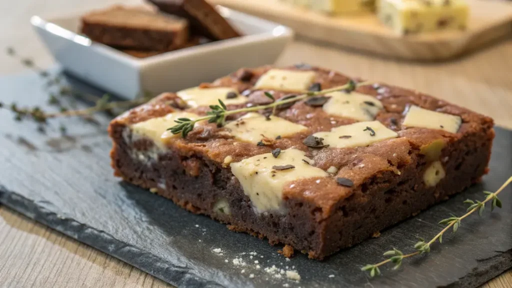 Carrés de brownie salé original et gourmand, moelleux et garnis de fromage et herbes fraîches, présentés sur une table rustique.