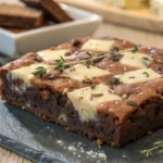 Carrés de brownie salé original et gourmand, moelleux et garnis de fromage et herbes fraîches, présentés sur une table rustique.