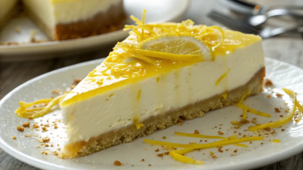 Cheesecake Citron Sans Cuisson garni de zestes de citron et de feuilles de menthe