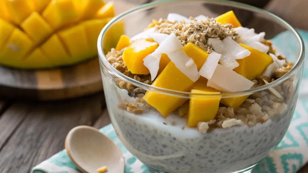 Pudding de chia au lait de coco et mangue fraîche dans un bol transparent, garni de copeaux de coco et granola, petit déjeuner sain